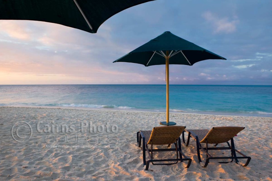 Image of sun lounges at sunset on Green Island, Great Barrier Reef, Cairns, North Queensland, Australia