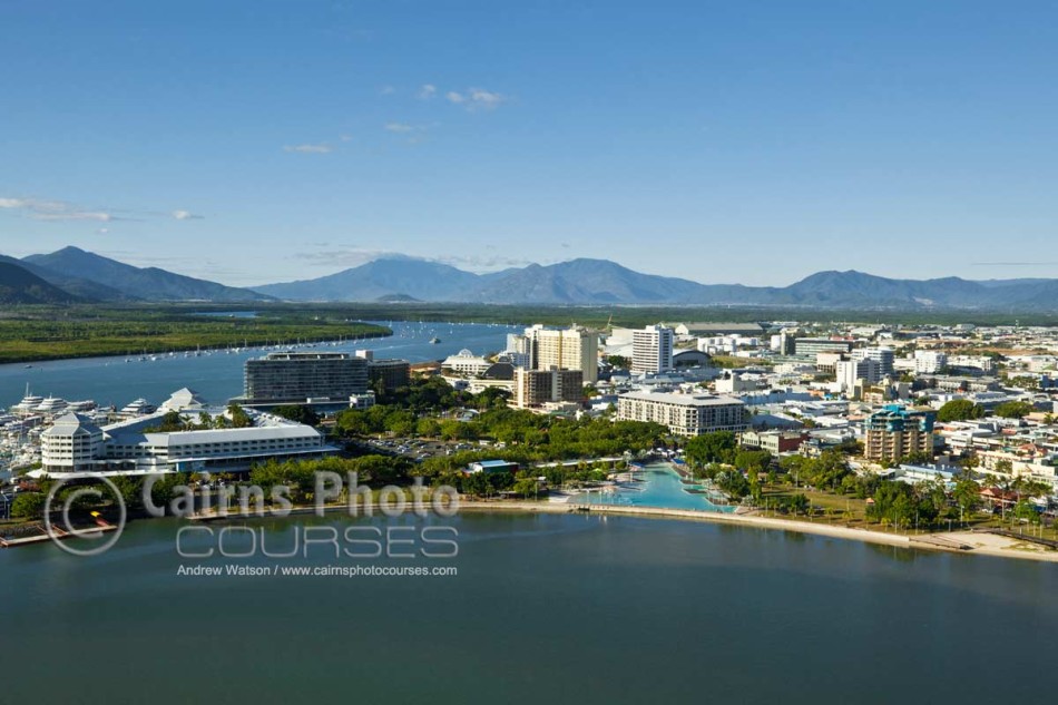 Aerial image of Esplanade waterfront and city skyline, Cairns, North Queensland, Australia